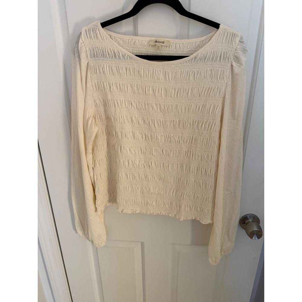 Madewell Cream Smocked Long Sleeve Puff Shoulder Blouse XXL Ivory Scoop Neck